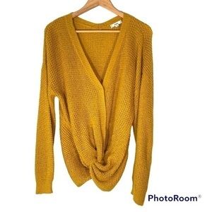 MINE Mustard Loose Knit Faux Wrap Twist Front Sweater L
